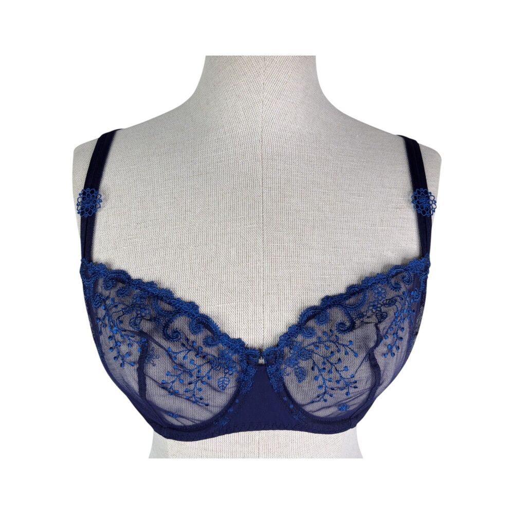 Simone Perele Delice Sheer Lace Bra sz 34D * Mesh Scallop Trim Floral Embroidery